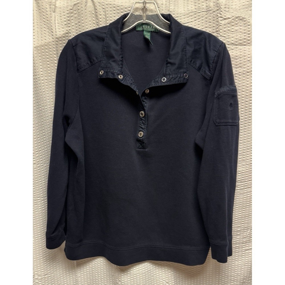 Lauren Ralph Lauren Women's 1X Deep Navy Ribbed Collar Long Sleeve Snap Sweater